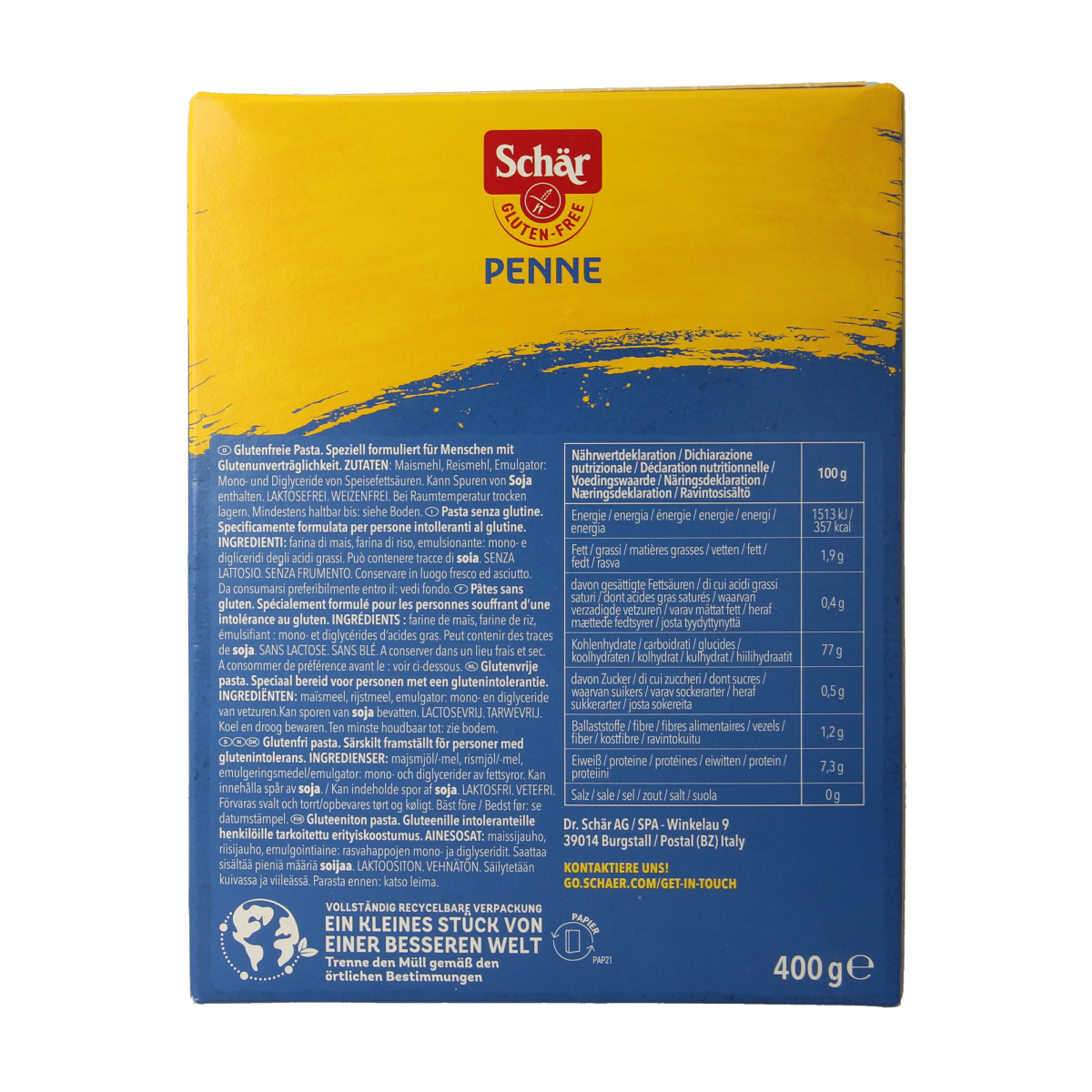 Schar Pasta penne glutenvrij 400.00 Gram